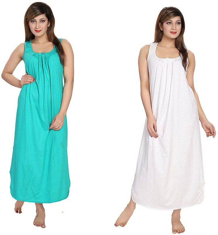 Pack of 2 Women Nighty  (Light Green, White)