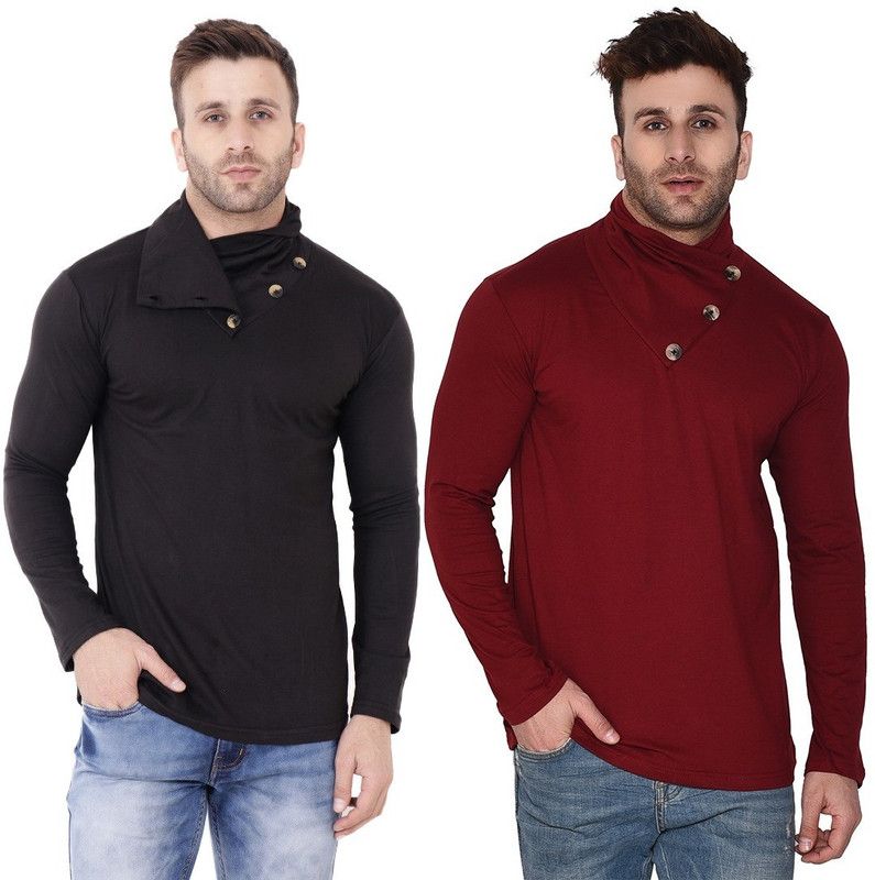 Pack of 2 Faizaan Men Solid High Neck Cotton Blend Maroon, Black T-Shirt