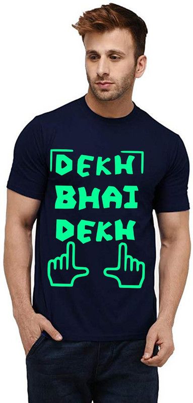 Dekh Bhai Dekh Men Graphic Print Round Neck Pure Cotton Dark Blue T-Shirt