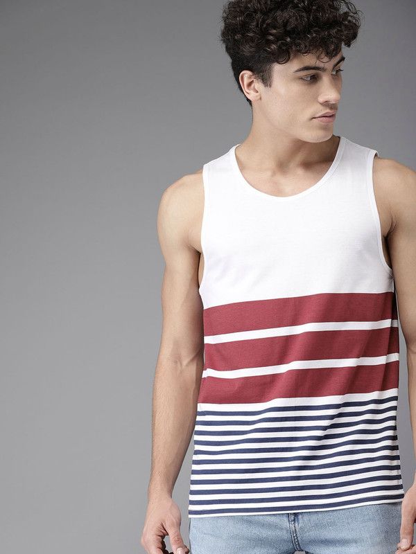 Men Striped Scoop Neck Cotton Blend White T-Shirt