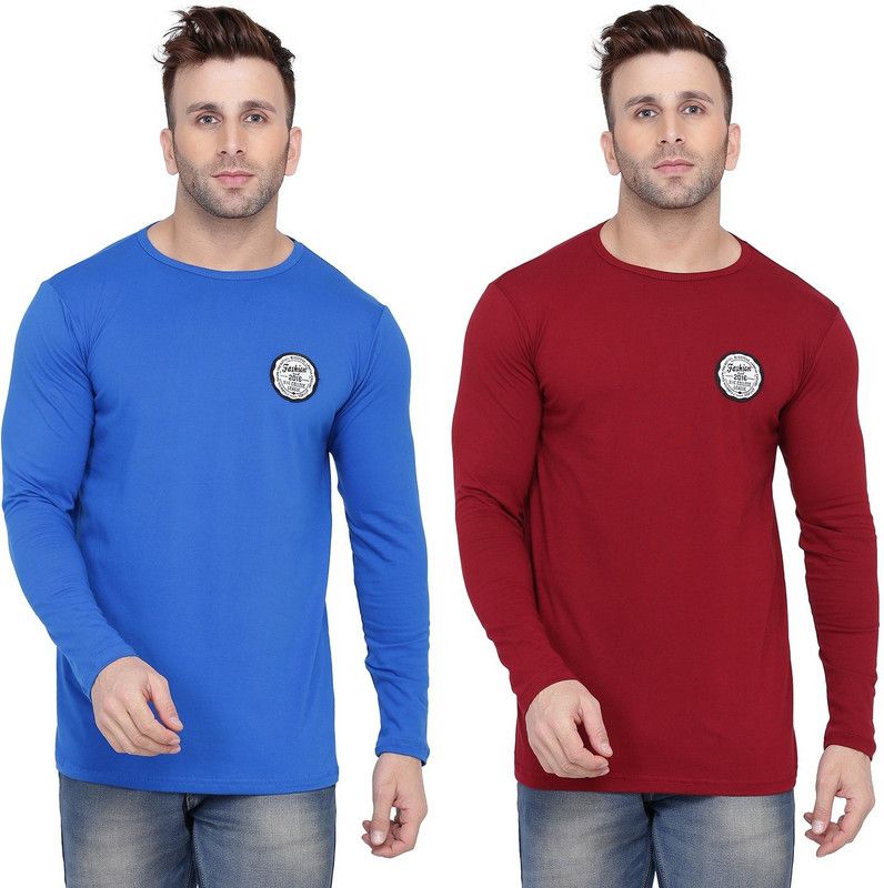 Pack of 2 Men Solid Round Neck Cotton Blend Blue, Maroon T-Shirt