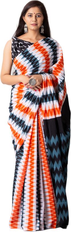 Geometric Print Ikkat Pure Cotton Saree  (Multicolor)