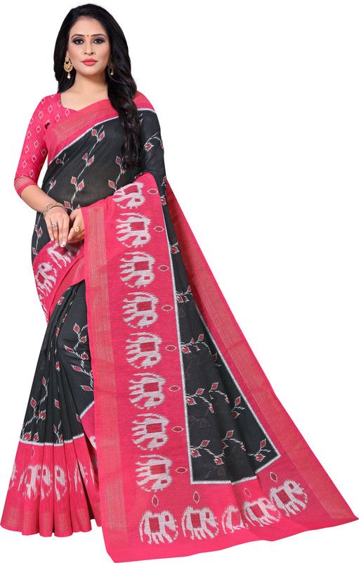 Floral Print Bollywood Cotton Linen Saree  (Black)