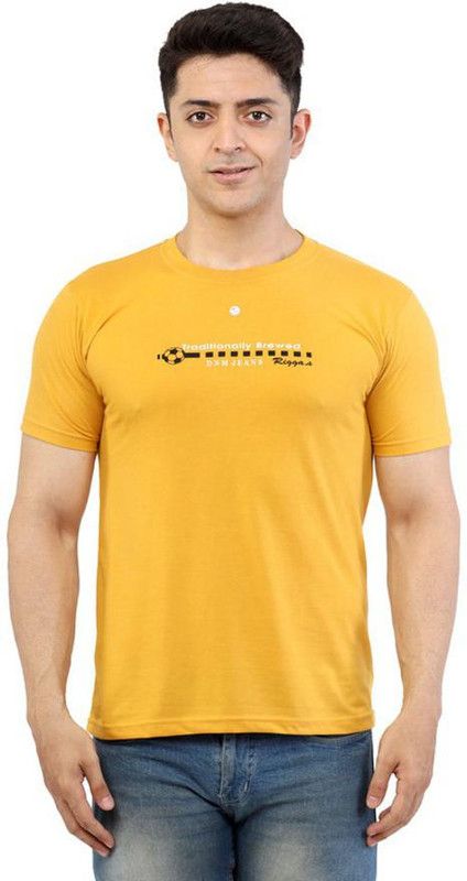 WV-ABJHHTS012 Men Printed Round Neck Pure Cotton Yellow T-Shirt