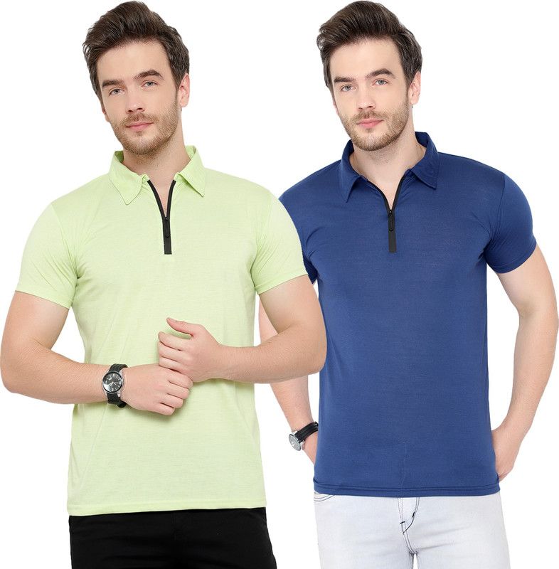 Pack of 2 Men Solid Polo Neck Cotton Blend Light Blue, Green T-Shirt