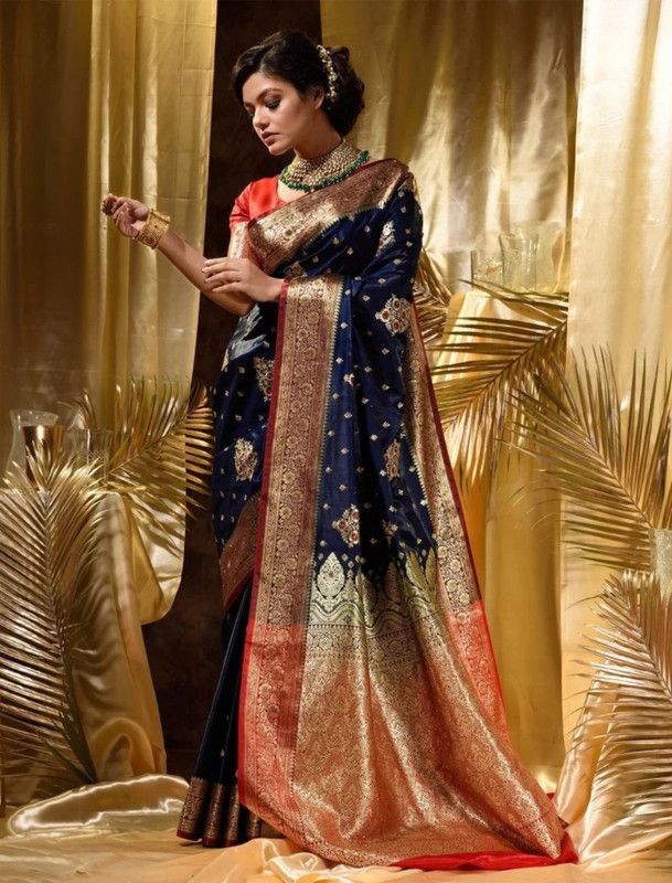 Woven, Embroidered Banarasi Jacquard, Satin Saree  (Dark Blue)