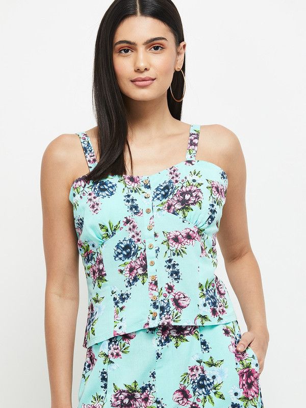 Casual Sleeveless Floral Print Women Light Green Top