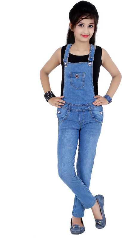 Dungaree For Girls Solid Cotton Blend  (Blue, Pack of 1)