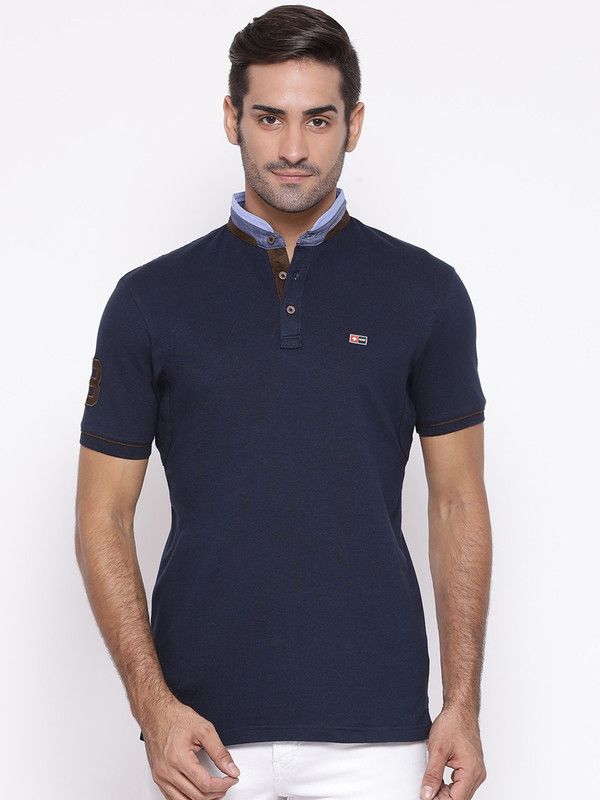 Men Solid Mandarin Collar Pure Cotton Dark Blue T-Shirt
