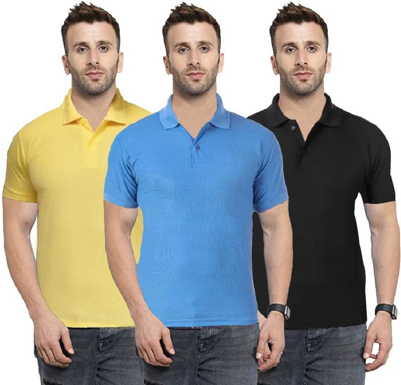 Pack of 3 Men Solid Polo Neck Cotton Blend Light Blue, Black, Yellow T-Shirt