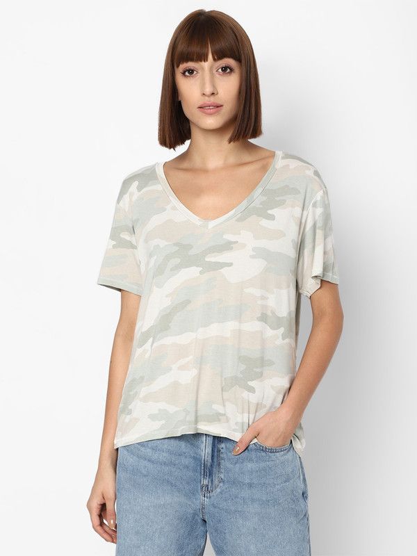 Women Printed V Neck Modal Green T-Shirt