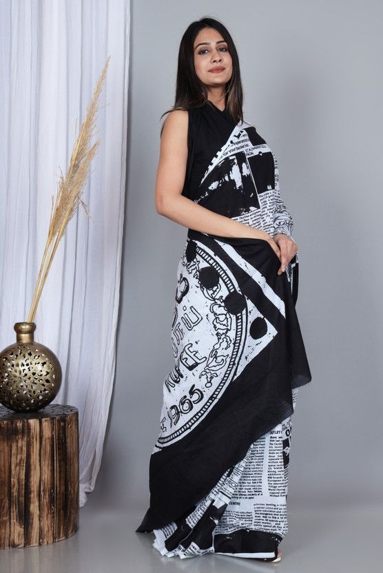 Printed Daily Wear Pure Cotton Saree  (Black, Grey)