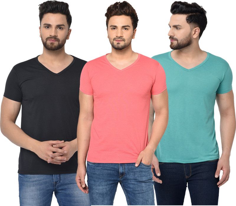 Pack of 3 Men Solid V Neck Cotton Blend Light Blue, Black, Pink T-Shirt