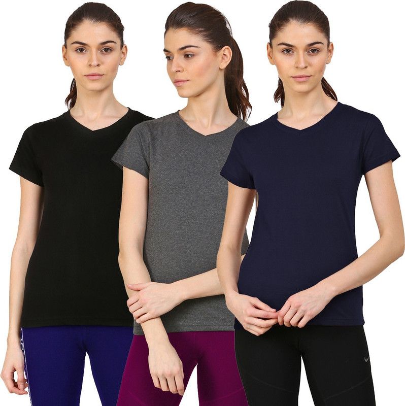 Pack of 3 Women Solid V Neck Cotton Blend Dark Blue, Black, Grey T-Shirt