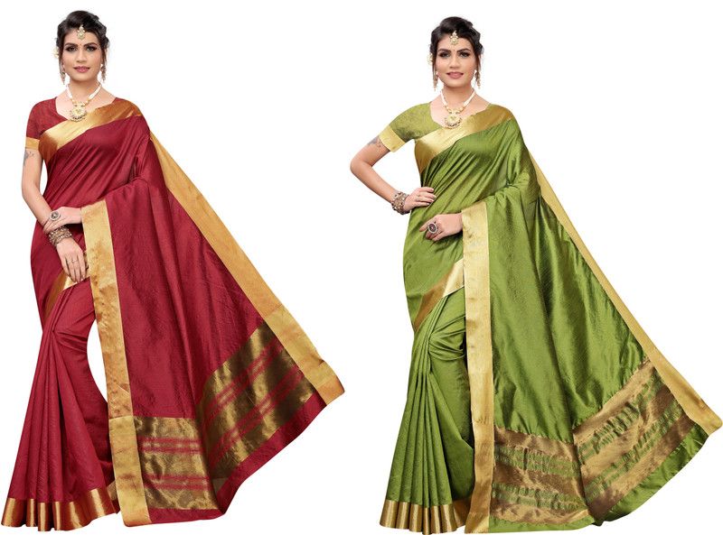 Solid/Plain Kasavu Cotton Silk Saree  (Pack of 2, Green, Maroon)