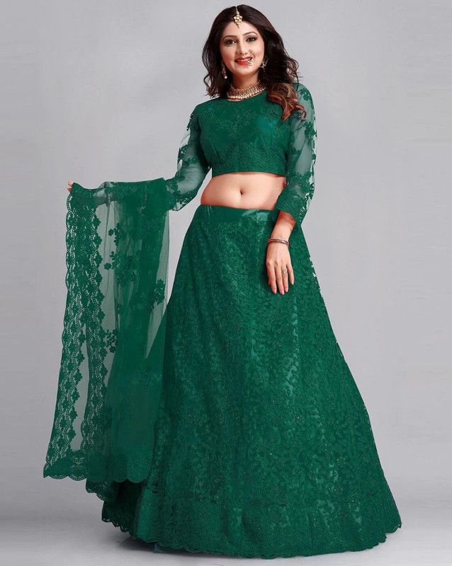 Solid Semi Stitched Lehenga Choli  (Green)