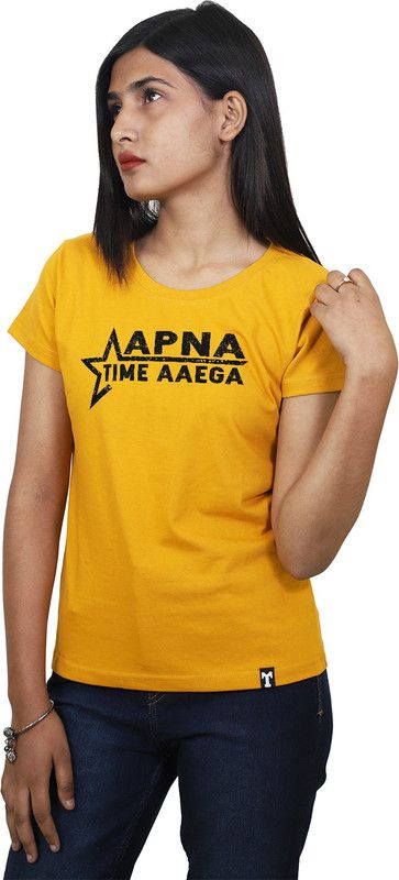 ApnaTimeAyega-1XL-Y Women Graphic Print Round Neck Reversible Cotton Blend Yellow T-Shirt