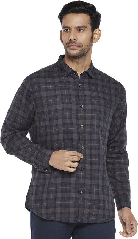 Men Slim Fit Checkered Mandarin Collar Sports Shirt