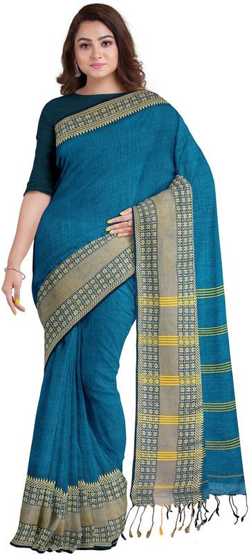 Woven Berhampuri Handloom Cotton Silk Saree  (Green)