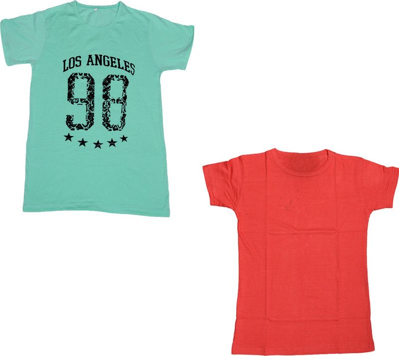 Boys Solid, Printed Polycotton T Shirt  (Multicolor, Pack of 2)