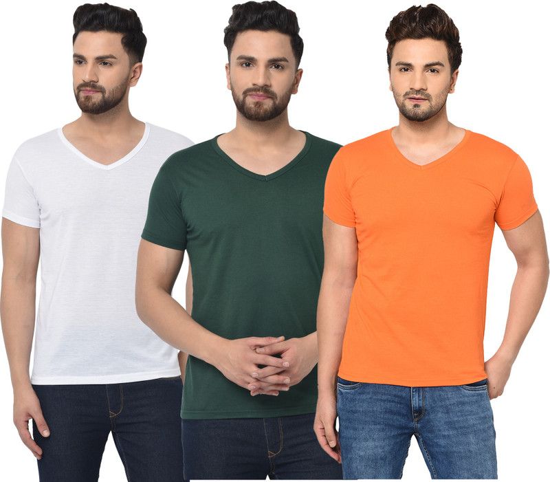 Pack of 3 Men Solid V Neck Cotton Blend Dark Green, White, Orange T-Shirt