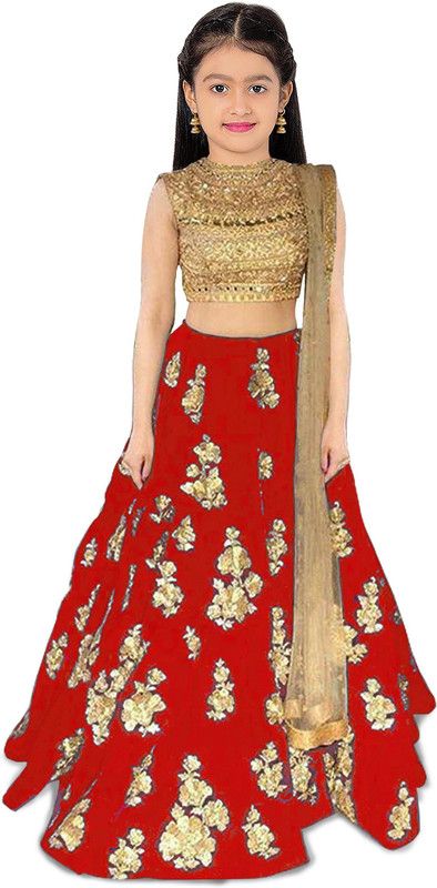 Girls Lehenga Choli Western Wear, Ethnic Wear, Party Wear Embroidered Lehenga, Choli and Dupatta Set  (Red, Pack of 1)