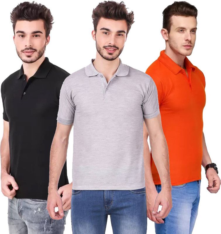 Pack of 3 Men Solid Polo Neck Cotton Blend Black, Orange, Grey T-Shirt