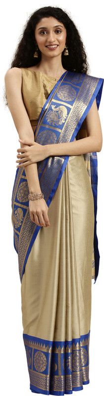 Striped, Woven, Embellished Kanjivaram Silk Blend Saree  (Blue, Beige)