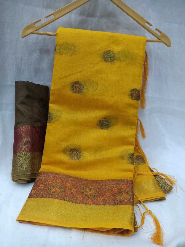 Woven Kanjivaram Art Silk, Pure Cotton Saree  (Yellow)