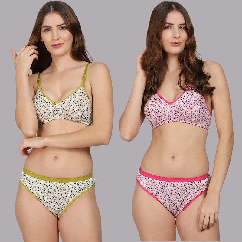 Bra & Panty Set Floral Print Green, Pink Lingerie Set