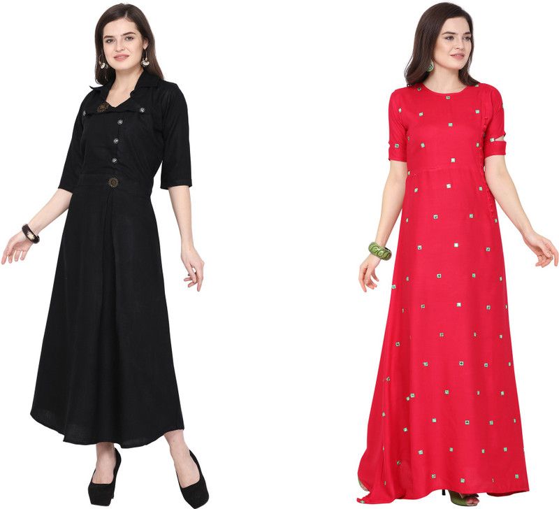 Pack of 2 Women Embroidered Viscose Rayon, Cotton Blend Flared Kurta  (Black, Pink)