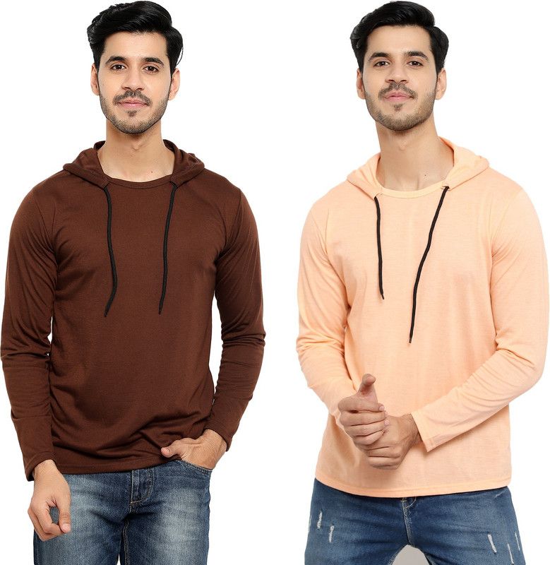 Pack of 2 HMT Men Solid Hooded Neck Cotton Blend Brown, Pink T-Shirt