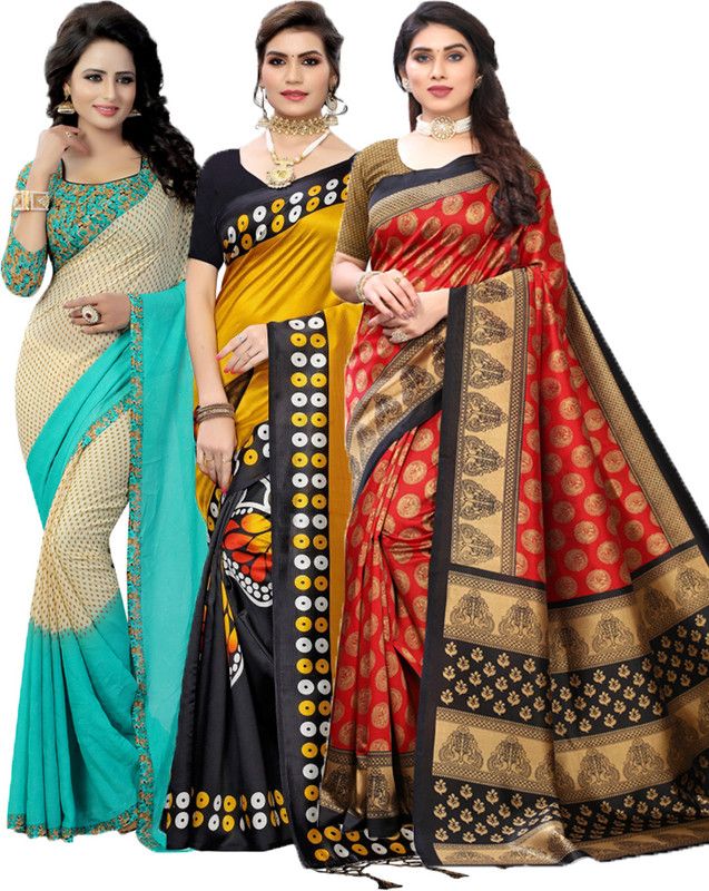 Printed Bollywood Georgette Saree  (Pack of 3, Light Green, Black, Red)
