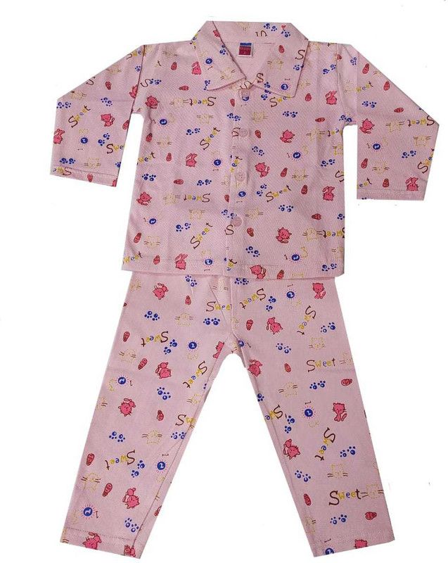 Boys & Girls Printed Pure Cotton Kids Nightwear  (Pink Pack of 1)