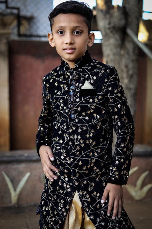 Boys Embroidered Kurta  (Black)