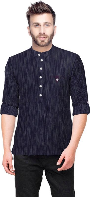 Men Self Design Pure Cotton Straight Kurta  (Dark Blue)
