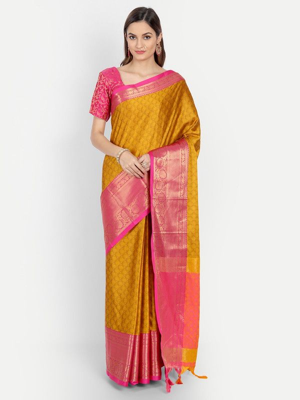 Woven Banarasi Cotton Silk Saree  (Gold)