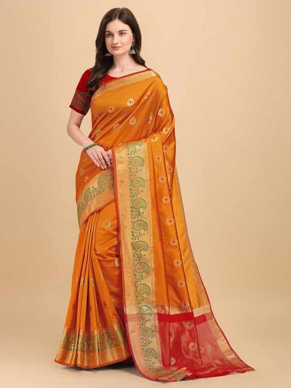 Self Design, Woven Banarasi Cotton Blend, Silk Blend Saree  (Orange, Red)