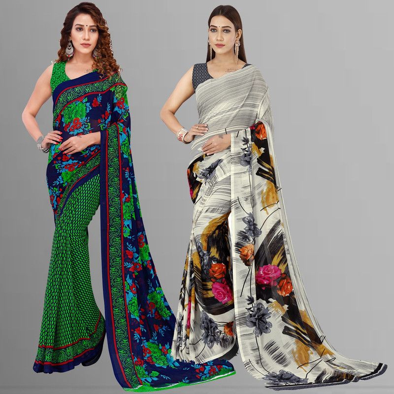 Floral Print Bollywood Georgette Saree  (Pack of 2, Green, White, Blue, Grey)