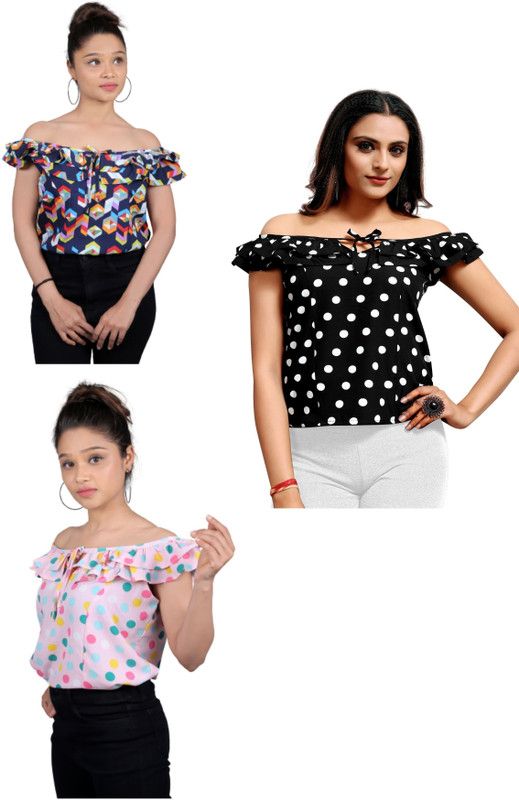 Pack of 3 Party Flared Sleeves Graphic Print, Polka Print Women Multicolor, Black, Pink Top