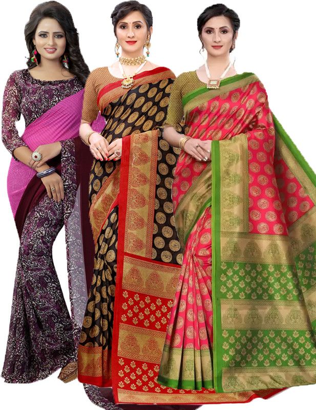 Printed Daily Wear Georgette Saree  (Pack of 3, Purple, Black, Pink)