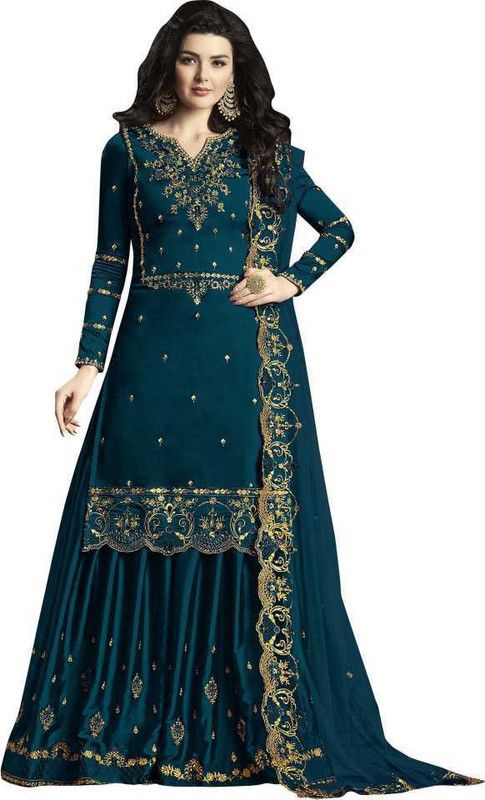 Semi Stitched Silk Blend Kurta & Sharara Fabric Embroidered