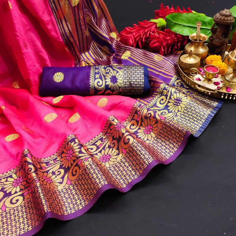 Woven Kanjivaram Cotton Blend, Cotton Silk Saree  (Pink)