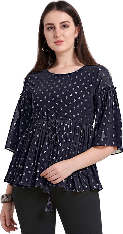 Party Flared Sleeves Printed Women Dark Blue Top