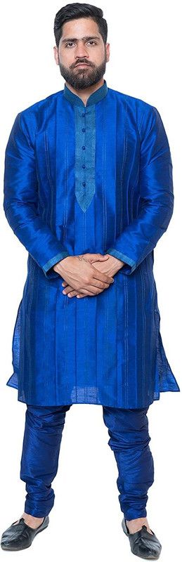 Men Self Design Pure Silk Straight Kurta  (Dark Blue)
