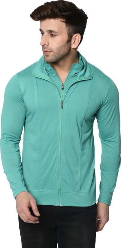Men Solid High Neck Cotton Blend Light Green T-Shirt