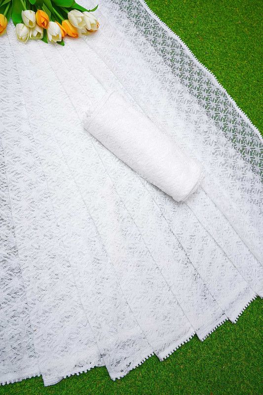 Embroidered Fashion Net Saree  (White)