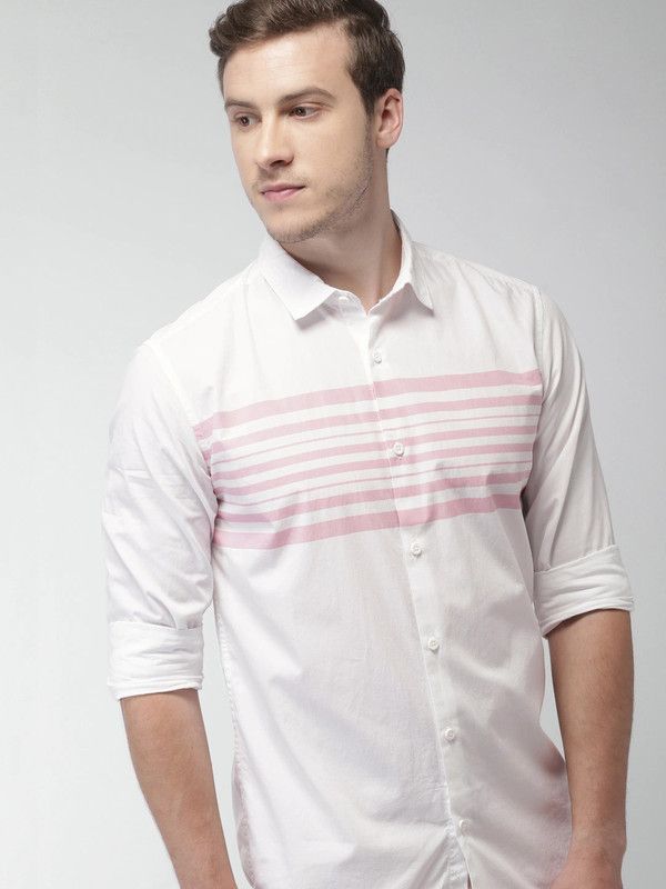 Men Striped Casual Pink, White Shirt