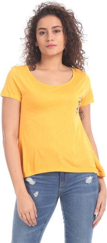 Women Solid Scoop Neck Pure Cotton Yellow T-Shirt