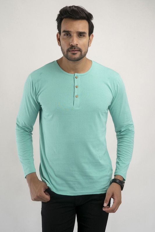 Men Solid Henley Neck Pure Cotton Light Green T-Shirt